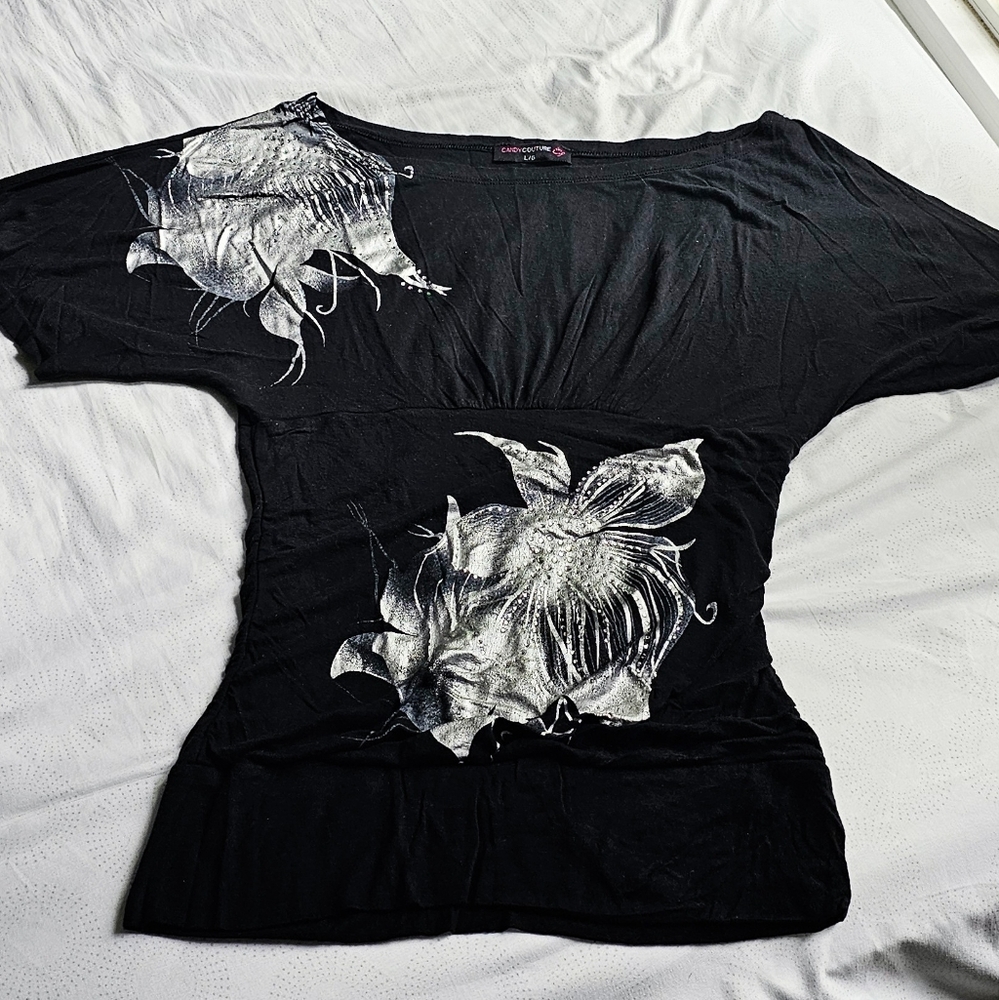 Candy Couture Y2K Flattering Sinched Waist Blouse Glam Silver Flower Detailing